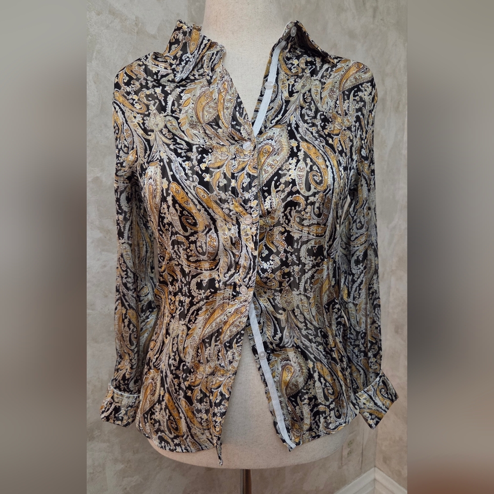 Jean-Pierre Klifa Paris Paisley Blouse Size S Sheer Button Front Long Sleeve